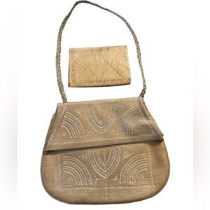 Vintage Hand-Tooled Leather Handbag with Matching Coin Wallet